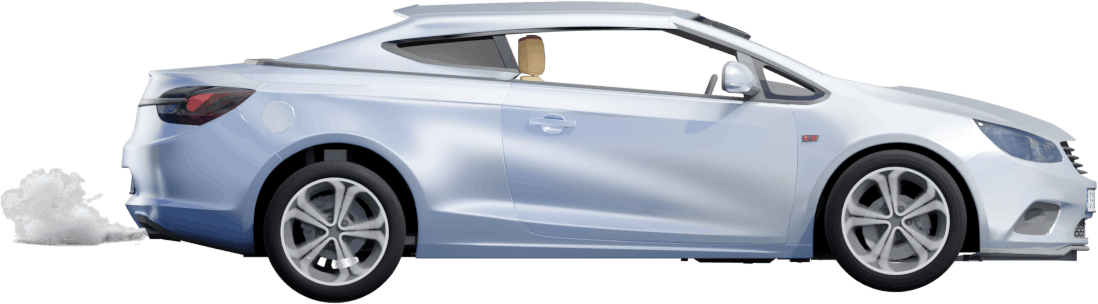 A car viewed from the side with exhaust smoke trailing from the tailpipe.